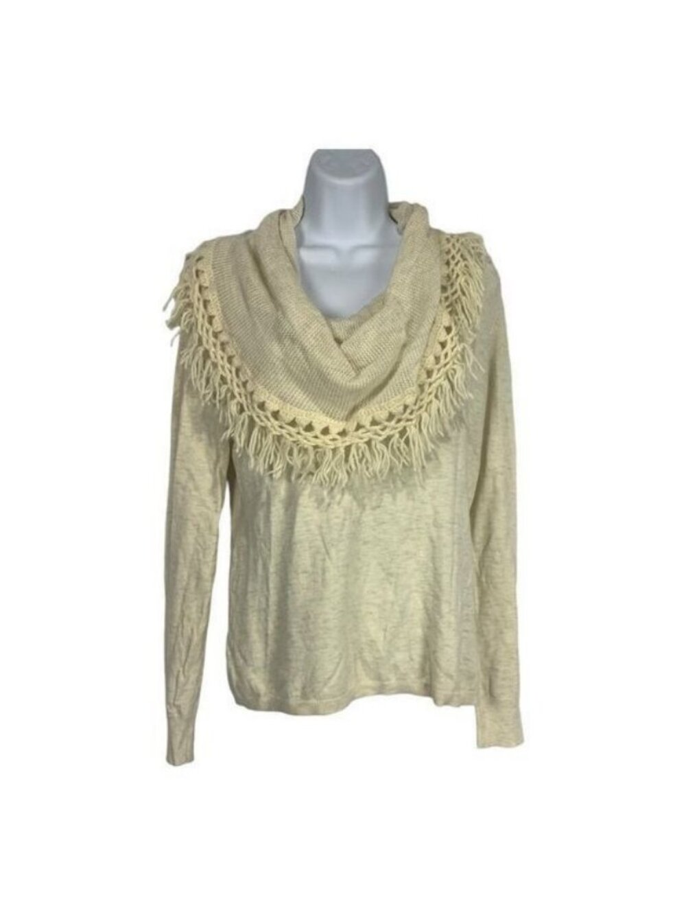 Angel Of The North Womens Cream Sweater Size Medium Fringe Cowl Neck Lightweight
